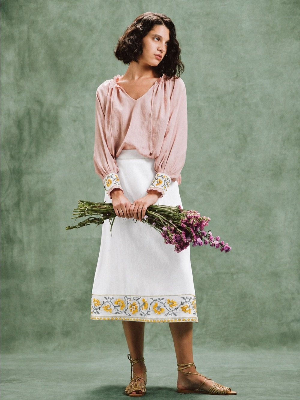 NWT Rosewater House Lola Embroidered Midi Skirt in Off White & Yellow XS $575